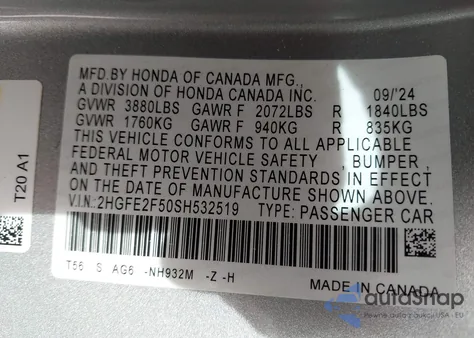 2025 Honda Civic Sport z USA, uszkodzony, nr VIN 2HGFE2F50SH532519